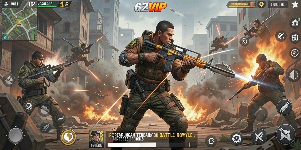 Tampilan gameplay mendebarkan di 62VIP saat bertarung di Battle Royale.