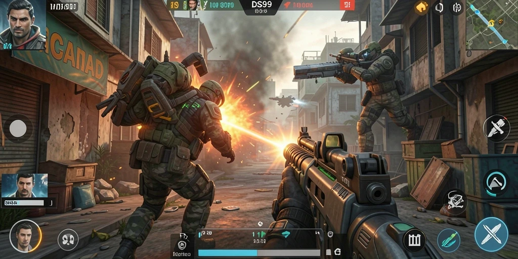 Gameplay seru dalam DS99 dengan aksi FPS yang dinamis.