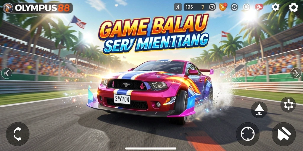 Tangkapan layar gameplay OLYMPUS88 dengan mobil balap dalam aksi.