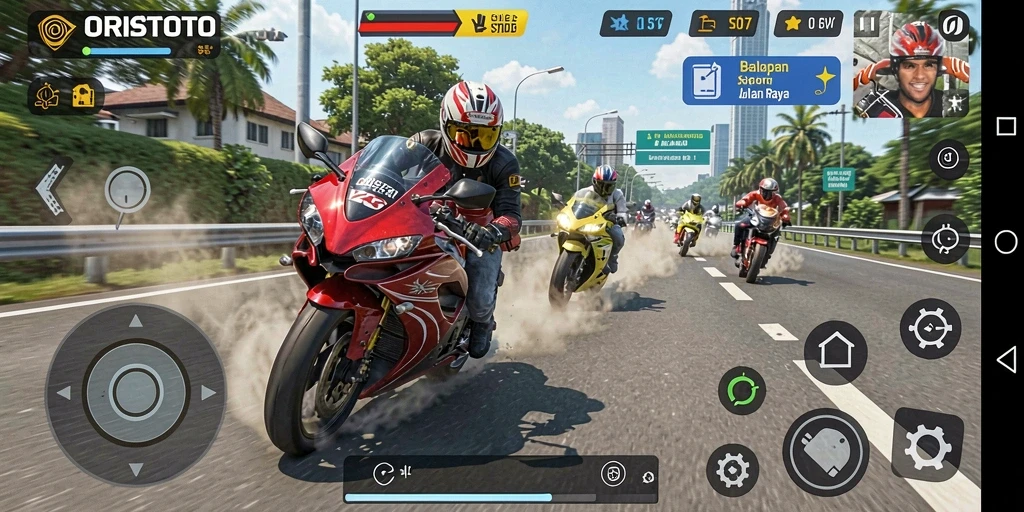Gambaran visual gameplay balapan motor yang mendebarkan di ORISTOTO.
