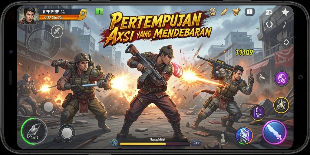 Screenshot gameplay RPRPRP menampilkan pertempuran epik dengan grafis menakjubkan.