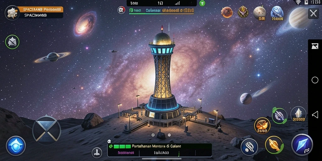 Tampilan menarik dari gameplay Tower Defense SPACEMAN88 dengan menara dan musuh.